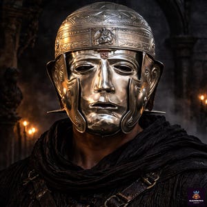 Könnte beinhalten: Ein silberfarbener Helm im römischen Stil mit Gesichtsmaske. Der Helm hat detaillierte Gravuren und ein dekoratives Band über der Stirn. Die Maske hat realistische Gesichtszüge. Der Hintergrund ist dunkel mit Kerzenlicht.