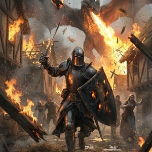 May include: An illustration depicts a knight in full armor wielding a sword and shield, facing a fire-breathing dragon. Buildings are ablaze, and people flee in terror. The scene is set in a medieval village, with a dramatic, action-packed atmosphere.