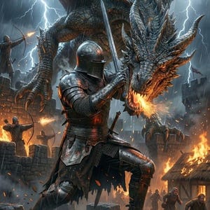 May include: A digital illustration depicts a knight in full armor facing a dragon. The knight holds a sword, and the dragon breathes fire. Lightning flashes in the stormy sky above a medieval battle scene. Other figures with bows are visible.