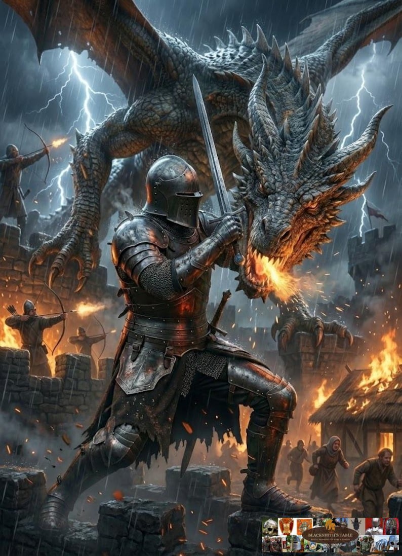 May include: A digital illustration depicts a knight in full armor facing a dragon. The knight holds a sword, and the dragon breathes fire. Lightning flashes in the stormy sky above a medieval battle scene. Other figures with bows are visible.