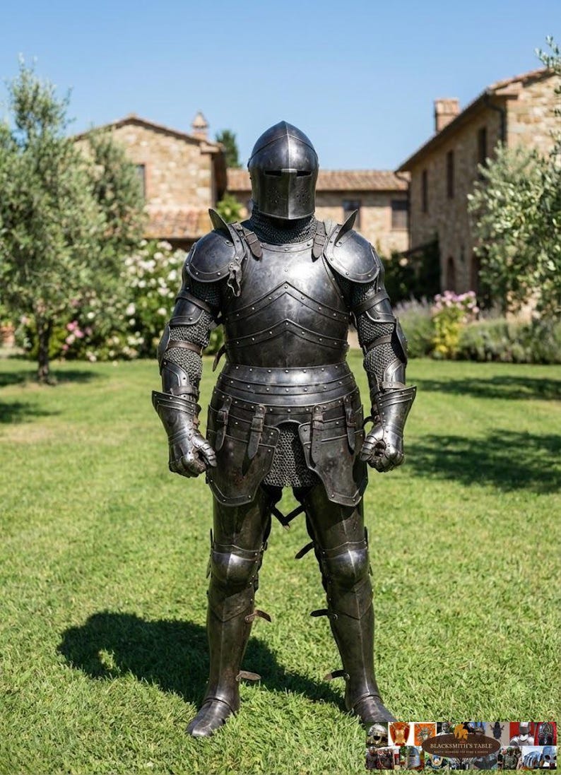 May include: A full suit of medieval armor, crafted in dark metal, stands on a grassy lawn. The armor includes a helmet, shoulder guards, chest and back plates, arm and leg protection, and gauntlets. The background features a stone building and trees.