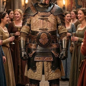May include: A medieval knight in full armor, standing in a grand hall. The armor is a mix of black and bronze, with a helmet and chest plate. The knight is surrounded by people in period clothing, with a logo in the bottom right corner.