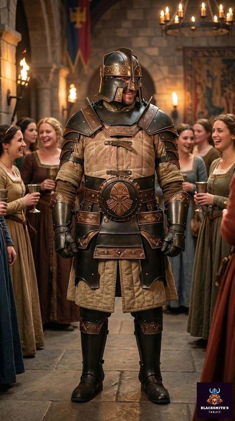 May include: A medieval knight in full armor, standing in a grand hall. The armor is a mix of black and bronze, with a helmet and chest plate. The knight is surrounded by people in period clothing, with a logo in the bottom right corner.
