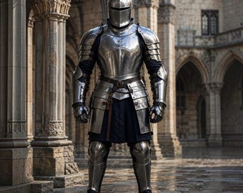 Full Medieval Knight Armor Suit, Polished Steel Plate Armor with Helmet, Chainmail, Gauntlets, Greaves & Sabatons, LARP Cosplay Costume