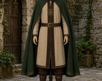 Medieval Green Hooded Cloak & Tunic Set, Ranger LARP Costume, Renaissance Fair Outfit, Elven Knight Cosplay Robe