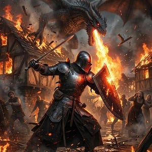 May include: A digital illustration depicts a knight in full armor wielding a sword and shield, facing a fire-breathing dragon. The scene is set in a burning village, with flames engulfing buildings and terrified villagers fleeing.