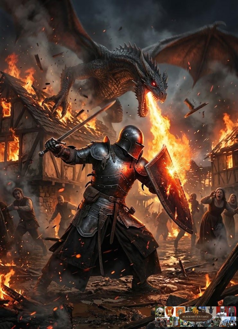 May include: A digital illustration depicts a knight in full armor wielding a sword and shield, facing a fire-breathing dragon. The scene is set in a burning village, with flames engulfing buildings and terrified villagers fleeing.