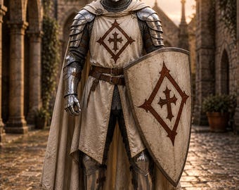 Wearable White Templar Knight Armor – Gothic Crusader Suit with Red Cross Cape