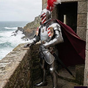 以下が含まれることがあります： 赤と白のストライプ模様が施されたヘルメットとシールドを備えた、研磨されたスチール製のフルアーマー。騎士はバーガンディのマントと赤と白の羽根飾りを着用しています。剣が騎士の横にぶら下がっています。騎士は海を見下ろす石壁に立っています。