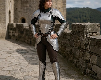 Female Knight Armor Set, Silver Elven Ranger Cuirass, Pauldrons, Bracers, Greaves, LARP Cosplay Medieval Costume