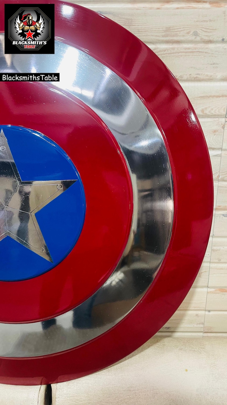 May include: A red, silver, and blue shield with a star emblem. The shield has a circular design with a red outer ring, a silver middle ring, and a blue centre with a silver star. The text "Blacksmith's Table" is visible.