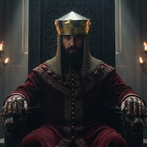 May include: A person in a gold crown and chainmail sits on a throne. They wear a red velvet robe with gold trim and rings. The throne has lion head armrests. The image evokes a sense of royalty.