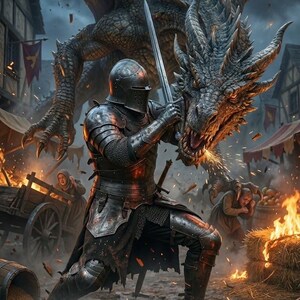 May include: A knight in full armor clashes with a dragon in a medieval town square. The knight, wielding a sword, is locked in combat with the dragon, which breathes fire. The scene is set amidst burning hay bales and wooden structures, creating a dramatic fantasy illustration.