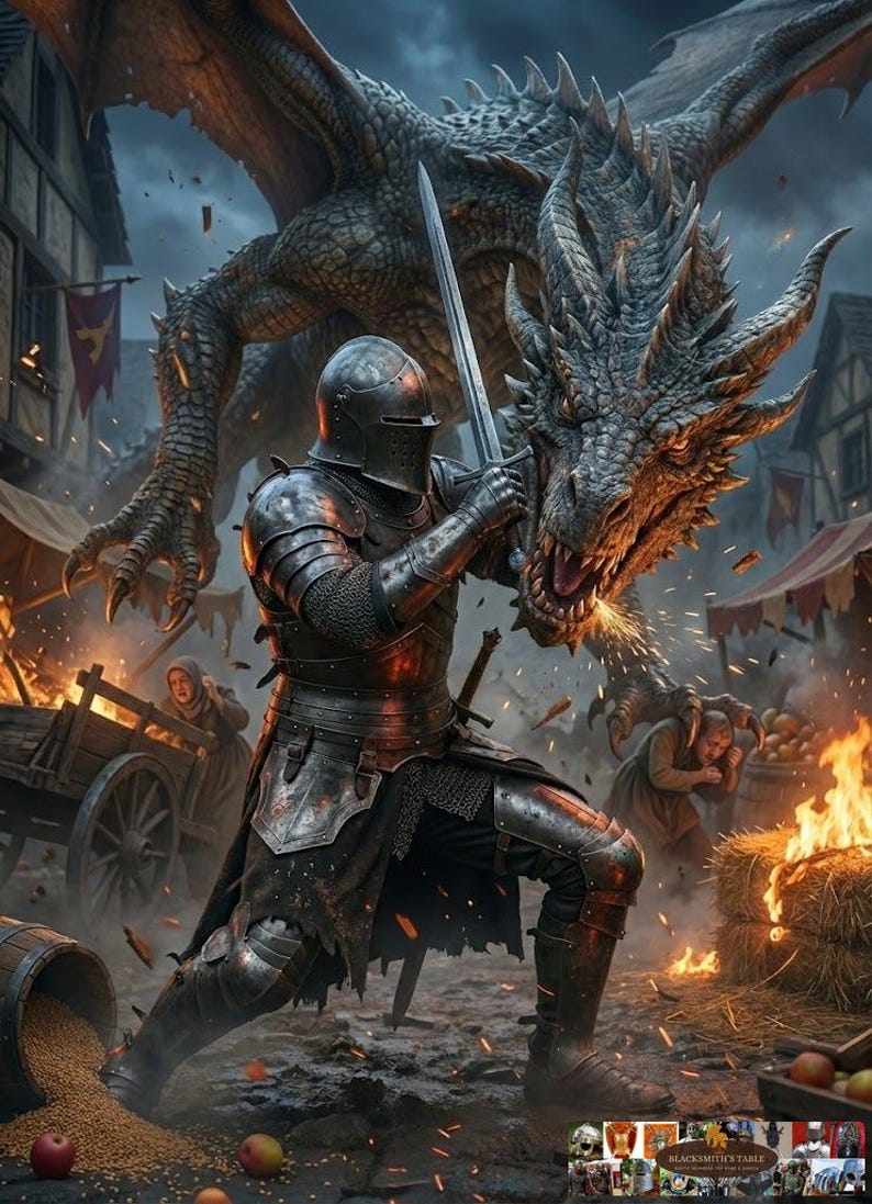 May include: A knight in full armor clashes with a dragon in a medieval town square. The knight, wielding a sword, is locked in combat with the dragon, which breathes fire. The scene is set amidst burning hay bales and wooden structures, creating a dramatic fantasy illustration.