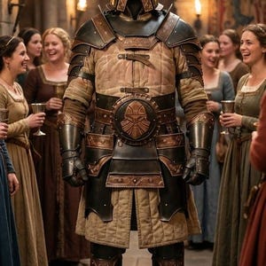 May include: A full suit of medieval armor in shades of brown, black, and bronze. The helmet features a distinctive visor. The armor is worn by a person standing in a hall with several people in the background.