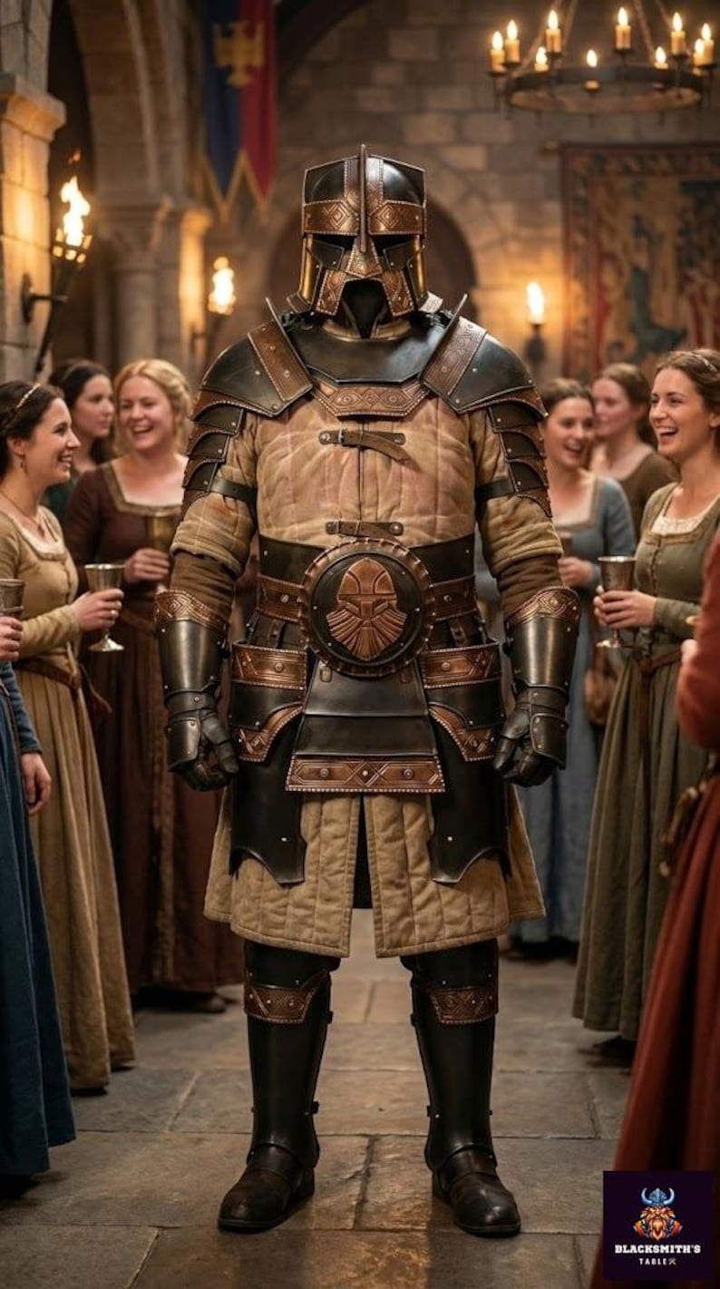 May include: A full suit of medieval armor in shades of brown, black, and bronze. The helmet features a distinctive visor. The armor is worn by a person standing in a hall with several people in the background.