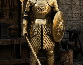 Goldenes Sonnenritter-Rüstungs-Set | Handgefertigte mittelalterliche Ganzkörper-Stahlrüstung | Fantasy Krieger Cosplay LARP Kostüm | Königlicher Display-Rüstungsanzug