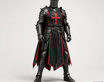 Tragbarer schwarzer Templar-Ritter Zuckerhut Helm Rüstung - Gothic Kreuzritter Anzug mit rotem Kreuz