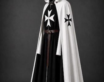 Mittelalter Knight Templar Tempelritter Tunika Umhang Set, Kreuzritter Kostüm Umhang LARP Cosplay Outfit Handmade