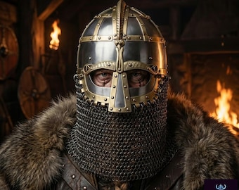 Vendel Wikinger Helm | 18G Stahl & Messing Kettenhemd Kettenbrünne, tragbare Rüstung