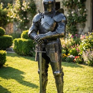 May include: A full suit of medieval armor, including a helmet, chest plate, and leg guards, stands on a grassy lawn. The dark metal armor is detailed with rivets and plates, and a long sword is held in front. The background features a stone building and greenery.