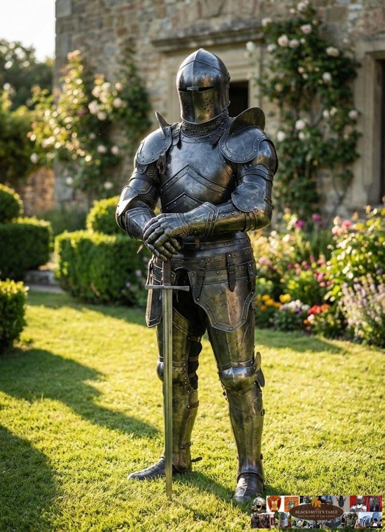 May include: A full suit of medieval armor, including a helmet, chest plate, and leg guards, stands on a grassy lawn. The dark metal armor is detailed with rivets and plates, and a long sword is held in front. The background features a stone building and greenery.