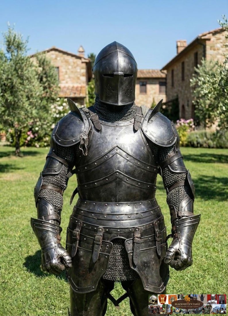 May include: A full suit of medieval armor in dark gray, including a helmet, chest plate, and arm and leg protection. The armor is detailed with rivets and straps, and is displayed on a grassy lawn with a building in the background.