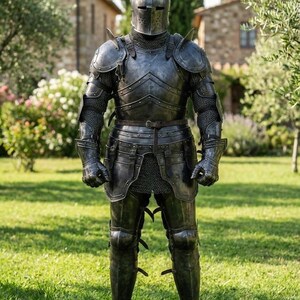 May include: A full suit of black medieval armor, including a helmet, shoulder guards, and leg protection, stands on a grassy lawn. The armor is detailed with rivets and articulated joints, reflecting sunlight. The background features a stone building and trees.