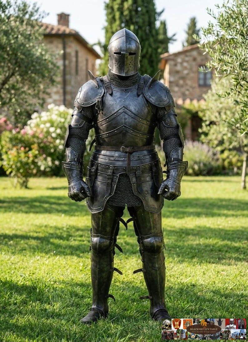May include: A full suit of black medieval armor, including a helmet, shoulder guards, and leg protection, stands on a grassy lawn. The armor is detailed with rivets and articulated joints, reflecting sunlight. The background features a stone building and trees.