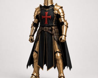 Tempelritter Rüstung Anzug | Schwarzgoldener Kreuzritter Helm, Tunika mit rotem Kreuz