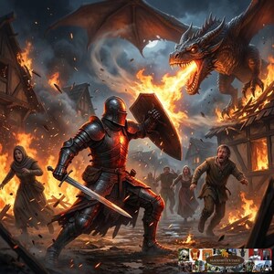 May include: Digital illustration of a knight in shining armor defending against a fire-breathing dragon. The knight holds a sword and shield as flames engulf a medieval village. Villagers flee in terror.