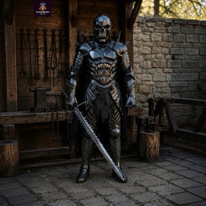 May include: A full suit of dark metallic armor featuring a skull-shaped helmet, a chest plate with a jagged tooth design, and articulated limb plating. The armor is paired with a long black cape and a large, serrated-edge metal longsword.