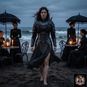 May include: A woman in black armor and a flowing black dress walks on a beach. Other women in black dresses sit at tables with candles and umbrellas. The scene is set against a cloudy sky and ocean.