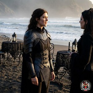 May include: Two people are standing on a beach, one wearing black armor with shoulder pads and a chest plate. The armor has a metallic appearance. The other person is wearing a black outfit. Tables with black lace tablecloths and lanterns are in the background.
