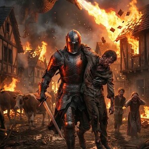 May include: A knight in full armor carries a wounded person through a burning village, with a dragon breathing fire overhead. Cows and other villagers are also present in this fantasy scene.