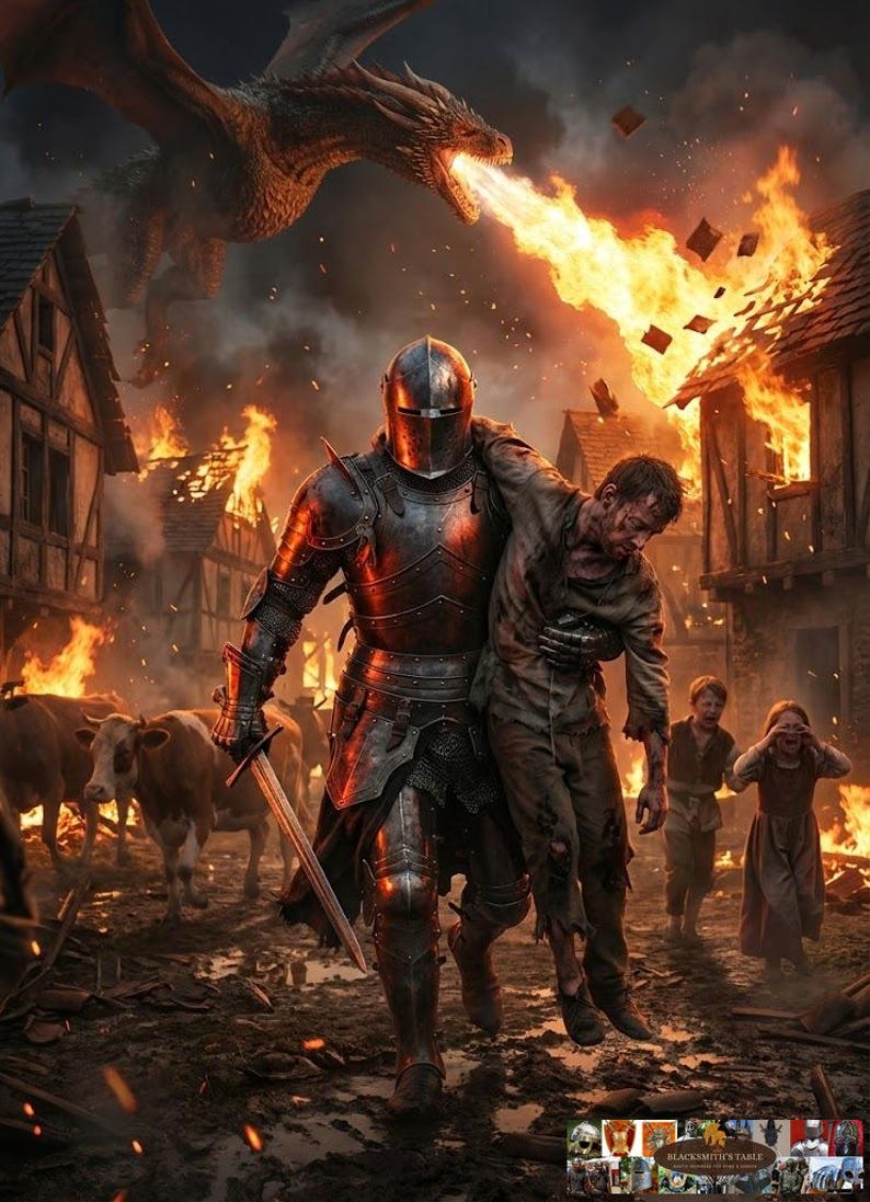 May include: A knight in full armor carries a wounded person through a burning village, with a dragon breathing fire overhead. Cows and other villagers are also present in this fantasy scene.