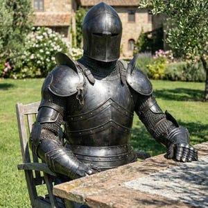 Può includere: Un'armatura completa in metallo scuro, tra cui elmo, corazza e protezione per braccia e gambe, è esposta all'aperto. L'armatura è dettagliata con rivetti e cotta di maglia ed è seduta a un tavolo di legno. Lo sfondo presenta un edificio in pietra e vegetazione.