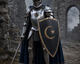 Handmade Full Knight Armor Set | Polished Steel Crusader Suit with Royal Blue Cape
