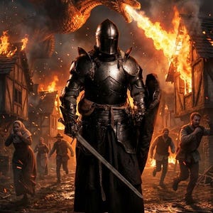 May include: A knight in black armor stands in a burning village, sword drawn, facing a fiery dragon. Villagers flee in terror as flames engulf buildings. The scene is a dramatic depiction of medieval fantasy.