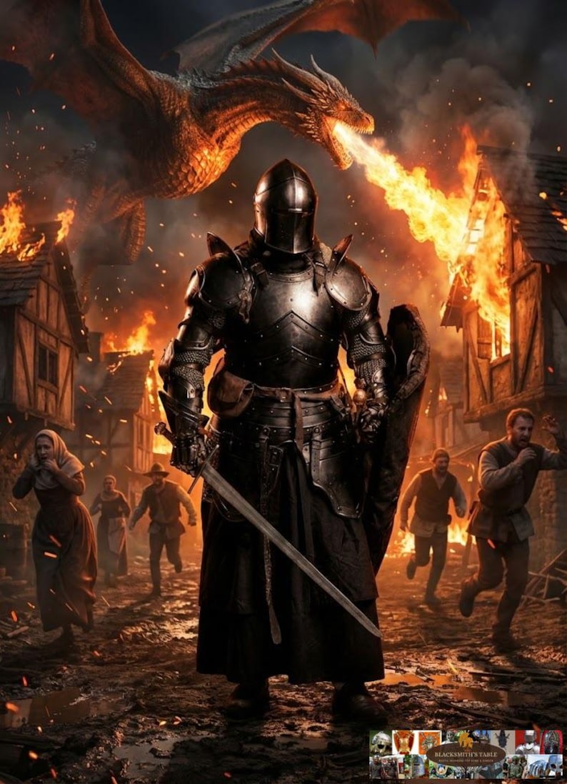 May include: A knight in black armor stands in a burning village, sword drawn, facing a fiery dragon. Villagers flee in terror as flames engulf buildings. The scene is a dramatic depiction of medieval fantasy.