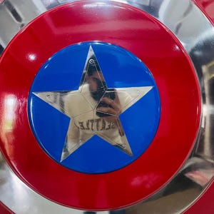 May include: A red, silver, and blue shield with a star emblem. The shield has a circular design with a red outer ring, a silver middle ring, and a blue centre with a silver star. The shield is labelled "Blacksmiths Table".