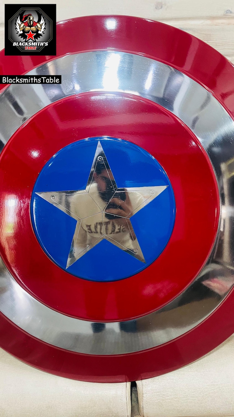 May include: A red, silver, and blue shield with a star emblem. The shield has a circular design with a red outer ring, a silver middle ring, and a blue centre with a silver star. The shield is labelled "Blacksmiths Table".