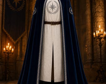 Royal Blue Velvet Hooded Cloak & Ivory Tunic Set, Medieval King Costume, Groom Cape, Prince Costume Baroque Renaissance Regal Groom Outfit