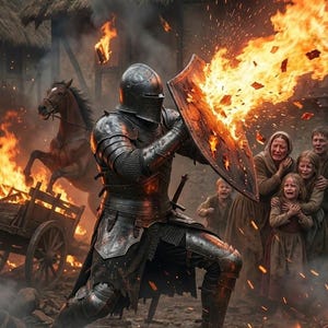May include: A medieval knight in full armor defends against a fiery blast with a shield. Flames engulf a village, with a horse-drawn cart and distressed villagers in the background. The scene is dramatic and action-packed.