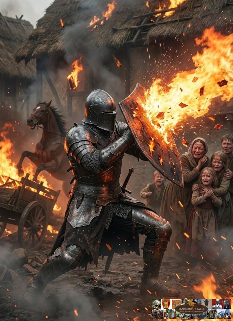May include: A medieval knight in full armor defends against a fiery blast with a shield. Flames engulf a village, with a horse-drawn cart and distressed villagers in the background. The scene is dramatic and action-packed.