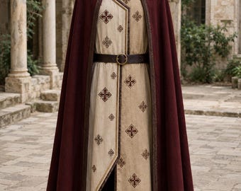 Burgundy Medieval Hooded Cloak & Ivory Tunic Set, Crusader Knight Robe, Renaissance LARP Costume, Fantasy Cape