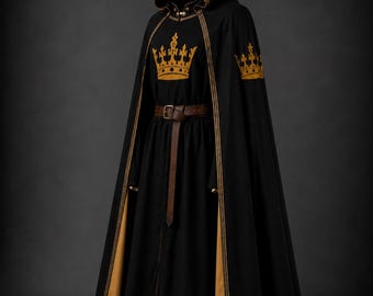 Schwarzer königlicher Kapuzenmantel | Vom 17.Jhdt. inspirierte Goldkronenstickerei, Renaissancekostüm