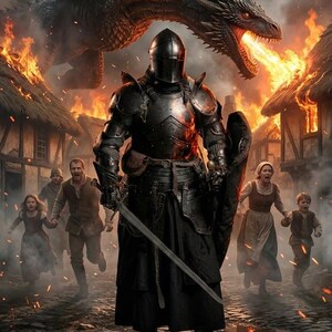 May include: A knight in black armor stands before a burning village, sword drawn, with a dragon overhead. Villagers flee in terror as flames engulf buildings. A dramatic fantasy scene.