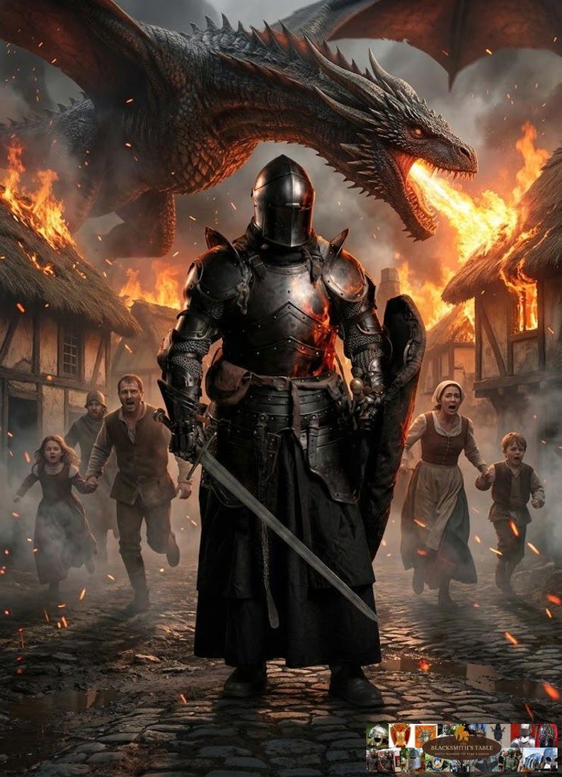 May include: A knight in black armor stands before a burning village, sword drawn, with a dragon overhead. Villagers flee in terror as flames engulf buildings. A dramatic fantasy scene.