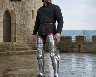 Medieval Gothic Full Leg Armor Set | Fluted Steel Cuisses, Winged Knee Guards & Greaves | LARP Renaissance Knight Costume